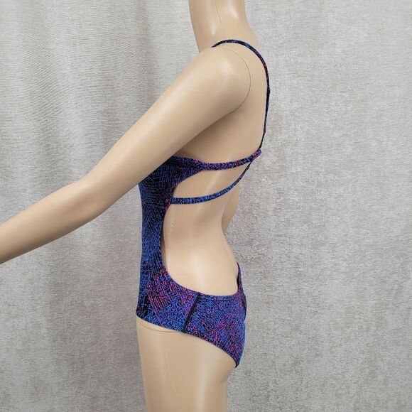 Speedo Endurance Blue Purple Hot Pink Patterned One Piece Swimsuit Open Back - Picture 3 of 16